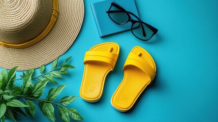 Yellow summer sandals with hat, glasses, and book on blue background.