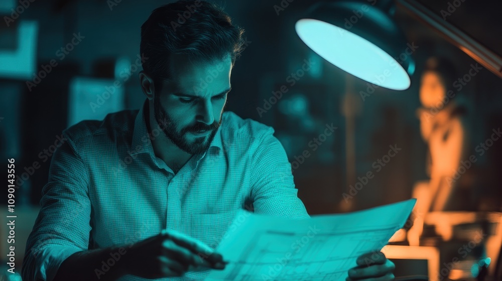 Poster A man examines blueprints under a lamp's glow, deep in thought.