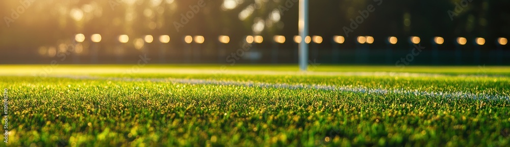 Poster A close-up view of a well-maintained grass field with goalposts, illuminated by soft lighting.