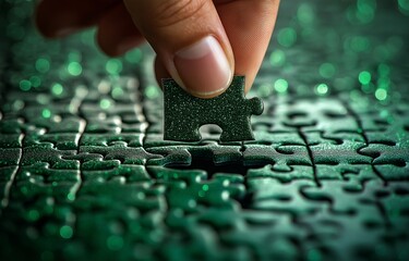 Putting the last puzzle piece by hand on a green glitter background represents creativity and fulfilment.