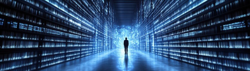 Fototapeta premium A solitary figure surrounded by vast digital data storage.