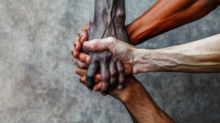 An abstract depiction of a spectrum of hands of different skin tones interlocking in a chain, Symbolizing solidarity and unity in diversity, photography style