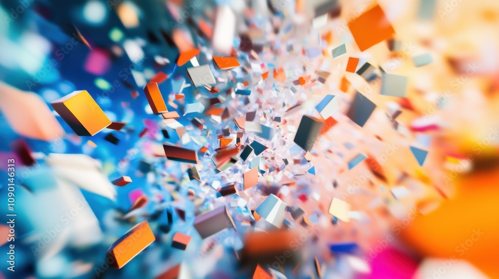 Poster An abstract depiction of floating shards in various colors converging towards a center, Representing the coming together of different perspectives and experiences into a unified whole