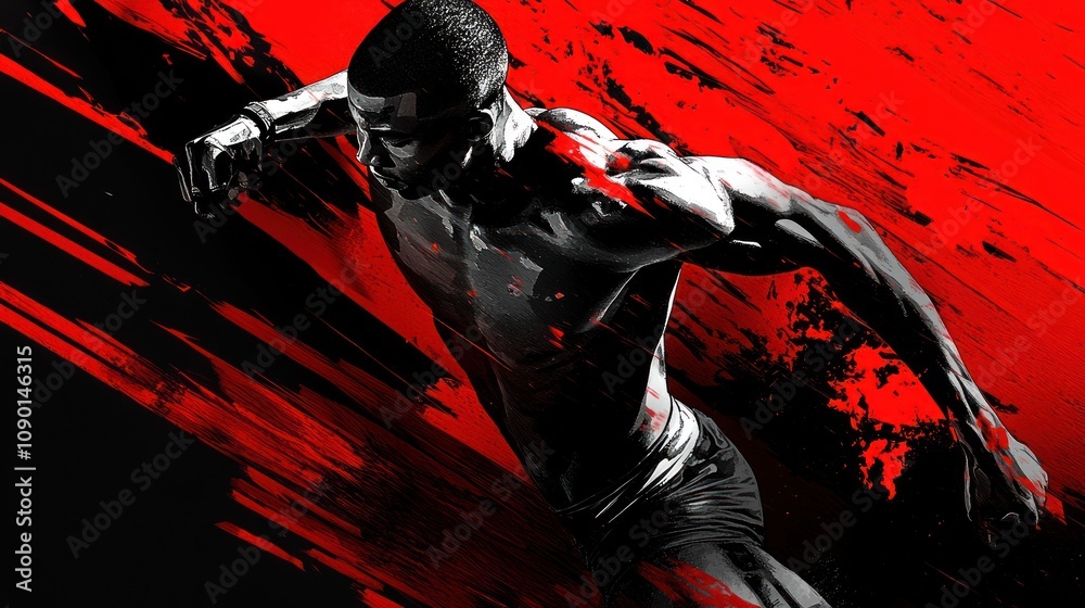 Poster A dynamic figure in motion, showcasing strength and energy against a bold red and black backdrop.