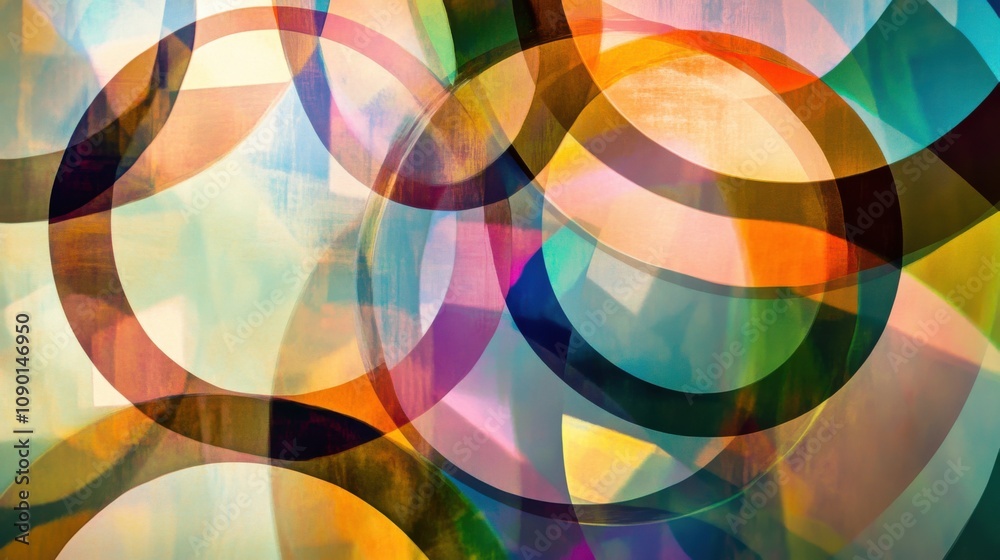 Poster an abstract depiction of fragmented, multi-colored circles merging into a cohesive, radiant pattern
