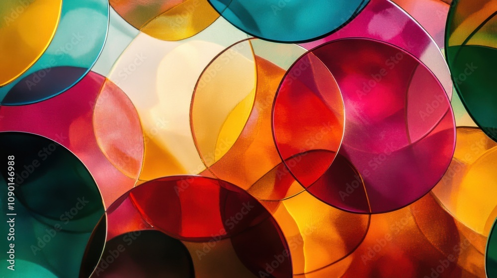 Poster an abstract depiction of fragmented, multi-colored circles merging into a cohesive, radiant pattern