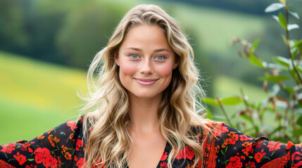 A carefree woman with blonde hair embraces the beauty of nature, finding joy and peace in open meadows.