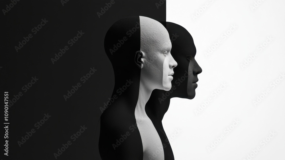 Poster an abstract depiction of racial inequality through contrasting monochromatic elements, representing 