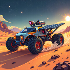 Fototapeta premium Futuristic off road vehicle navigates a distant desert landscape under a glowing sunset, digital art of sci fi vehicle concept.