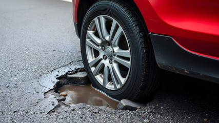 A car wheel sinks into a deep pothole on a damaged asphalt road, highlighting the dangers of poorly maintained infrastructure
