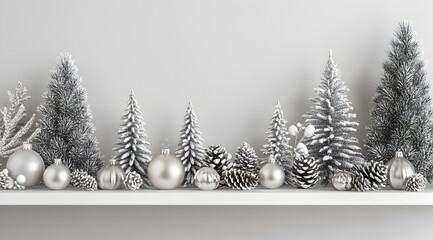 Obraz premium A festive display of silver trees, ornaments, and pinecones arranged on a shelf, creating a winter wonderland atmosphere.