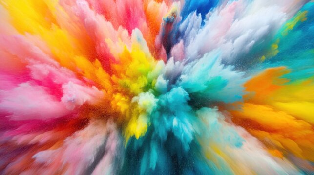An abstract explosion of vibrant color bursts radiating from multiple points, Symbolizing the diverse origins of ideas converging into a unified whole, photography style