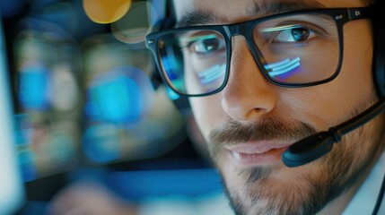 Friendly male support agent assists a customer over the phone, showcasing expertise and dedication in the call center.