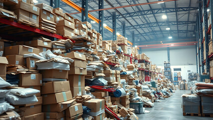 A large warehouse filled with messy stacked boxes and other goods, waiting to be sorted and shipped.