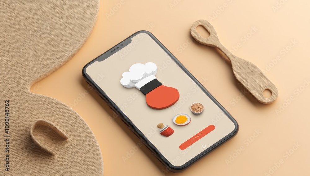 Aufkleber A smartphone displaying a cooking app with chef hat and ingredients on a minimalist background.