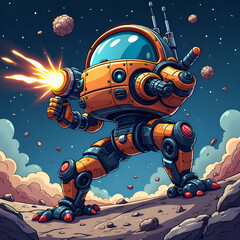 Futuristic robot defender in cosmic battle, firing energy weapon amidst asteroids and stars, digital art of character design concept.