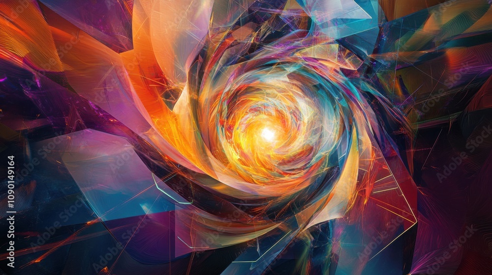 Aufkleber An abstract image of a central, multi-colored whirlpool of light surrounded by floating geometric shapes, Symbolizing the convergence and dynamic interaction of diverse ideas and identities