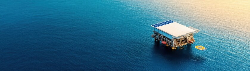 Aerial view of a solar platform floating on calm blue waters.