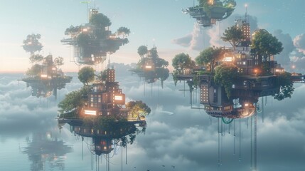 Obraz premium Floating islands with lush greenery and futuristic buildings.