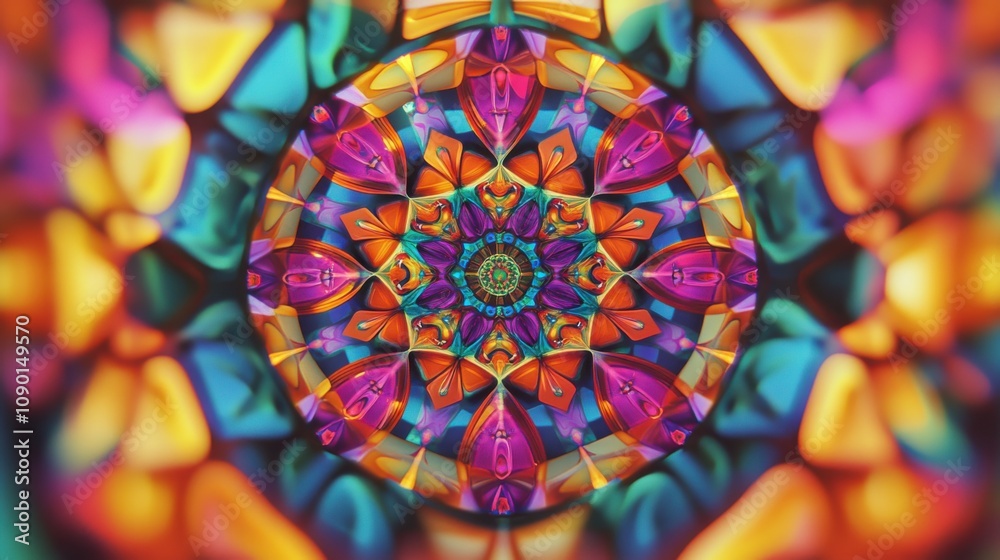 Poster An abstract image of a kaleidoscope with vibrant patterns and colors, Symbolizing the beauty and complexity of diverse experiences coming together, photography style