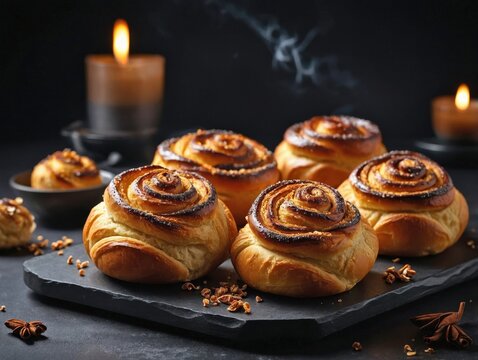 Kanelbullar placed on a matte black serving board