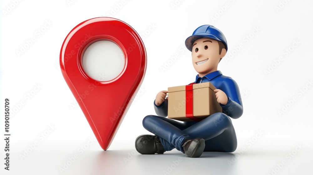 Poster A delivery worker sits with a package next to a location pin icon, symbolizing logistics.