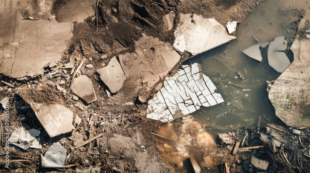 Aufkleber an abstract image of environmental degradation, featuring fragmented and polluted landscapes, reflec