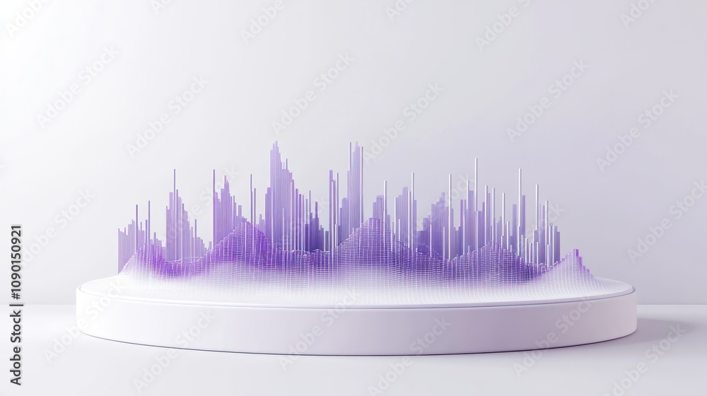 Poster A 3D sound wave visualization in purple tones on a circular platform.