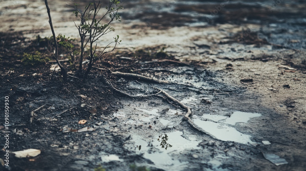 Poster an abstract image of environmental degradation, featuring fragmented and polluted landscapes, reflec