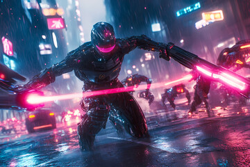 Cybernetic Warrior Fighting Robotic Enemies - Gaming Wallpaper