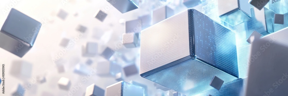 Poster Abstract representation of digital cubes floating in a futuristic space.