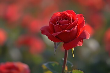 A vibrant red rose blooms gracefully in a lush green field, symbolizing love and affection, perfect for capturing the essence of Valentine's Day.