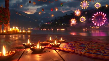 A Colorful Diwali Scene with Diyas, Lit Rangoli Designs

