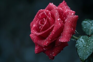 A vivid red rose adorned with glistening water droplets, set against a dark background, symbolizing passion and romance perfect for Valentine's Day.
