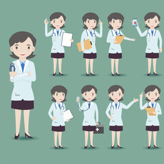 Fototapeta premium Female doctor character set. Different poses and emotions. Vector illustration