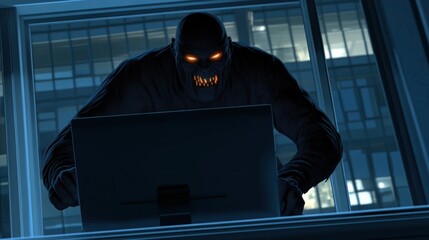Dark Shadowy Figure with Glowing Eyes Staring at Computer Screen in Office Setting, Eerie Atmosphere and Suspenseful Mood, Perfect for Horror Themes and Graphic Novels