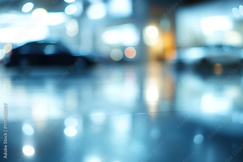 Poster A blurred image of a parking area with reflections and soft lighting.