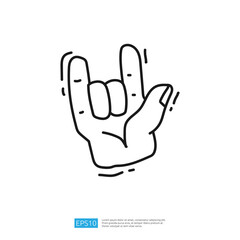 A simple line drawing of a hand making the "rock on" gesture, commonly associated with rock music and a sense of enthusiasm or rebellion.