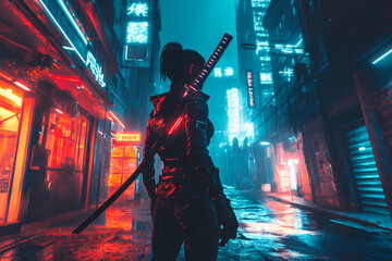 Cyber Samurai with Glowing Katana in Neon Alley - Gaming Wallpaper