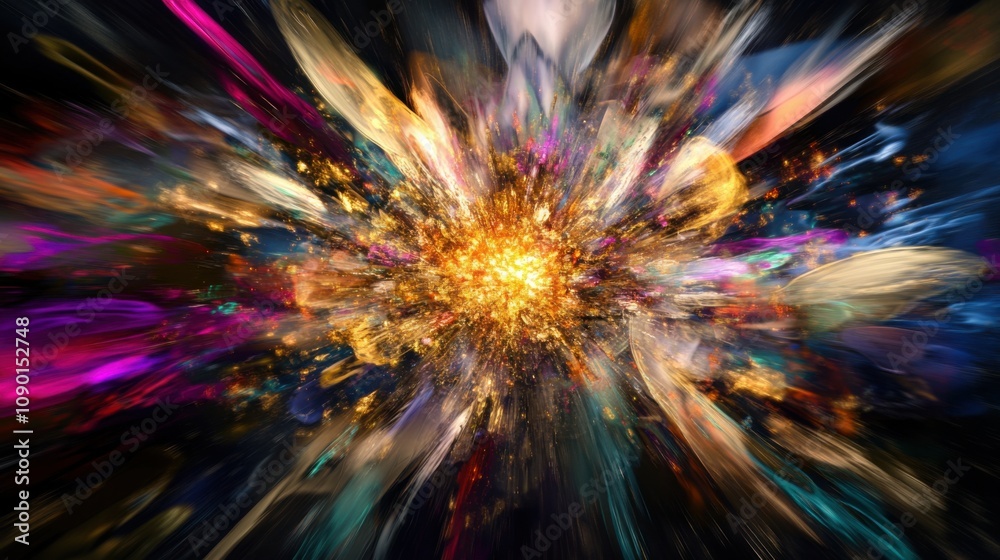 Poster an abstract portrayal of a central, colorful explosion of light surrounded by floating, varied shape