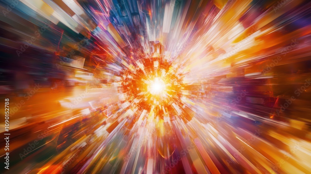 Poster an abstract portrayal of a central, colorful explosion of light surrounded by floating, varied shape