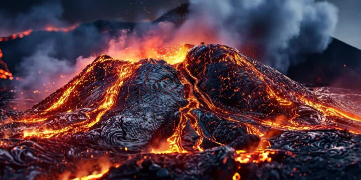 Glowing lava flowing from an active volcano against a darkened backdrop, showcasing nature's fiery brilliance, 4K Video