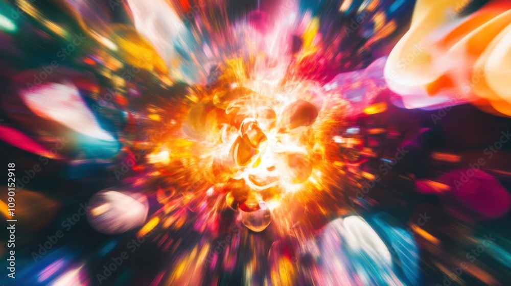 Poster an abstract portrayal of a central, colorful explosion of light surrounded by floating, varied shape