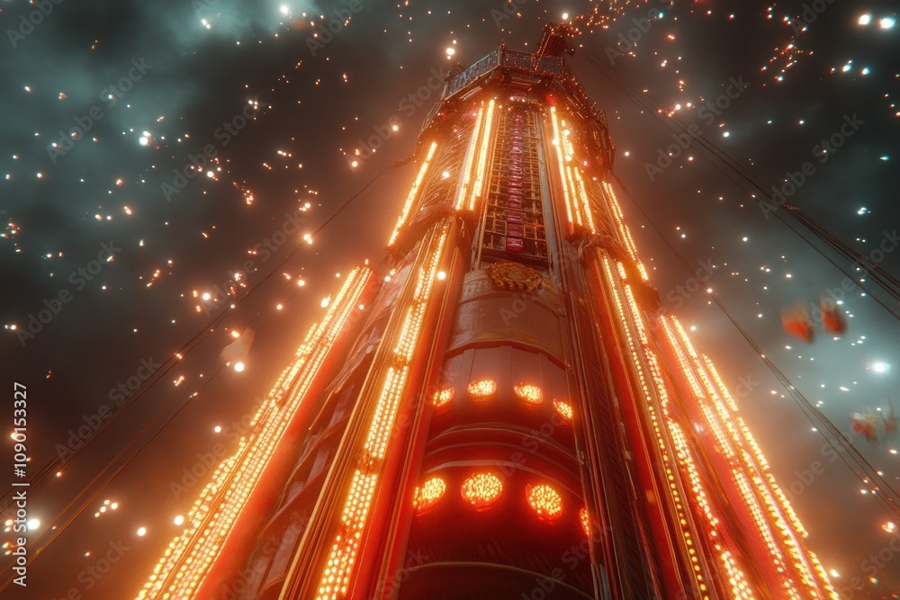 Poster a towering structure illuminated by bright lights amidst a night sky filled with sparks.