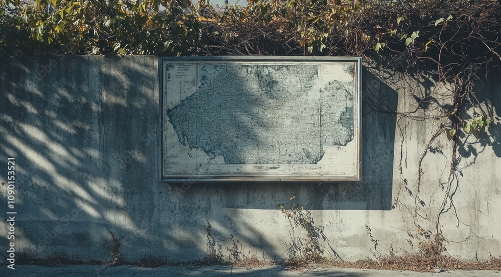 Poster A weathered map displayed on a concrete wall, surrounded by foliage.