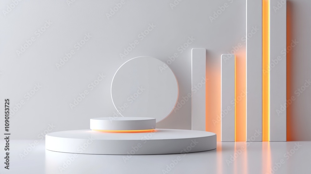Poster minimalist 3d display with geometric shapes and soft orange lighting.