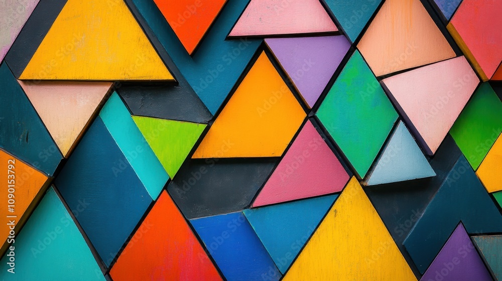 Poster an abstract portrayal of fragmented, colorful triangles forming a complex, cohesive pattern