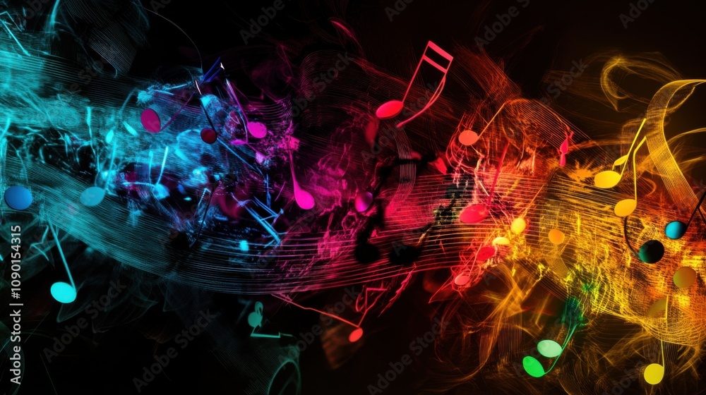 Poster An abstract representation of a diverse array of musical notes coming together to form a harmonious melody, Depicting the concept of different voices and perspectives contributing to a unified outcome