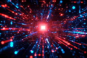 Naklejka premium Neon Red and Blue Circuit Techno Background with Glowing Central Point