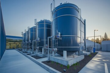 Obraz premium Industrial Storage Tanks Modern Factory Exterior Chemical Plant Large Blue Vessels Sun